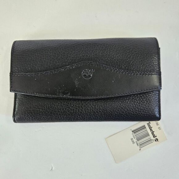 NWT Timberland Black Sleek Pebbled Leather Signature Logo Wallet Clutch Billfold - Picture 3 of 10